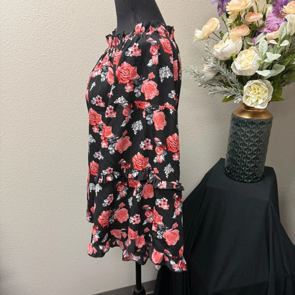 Panhandle Floral Off-Shoulder Black Ruffle Long Sleeve Boho Western Top M - Picture 2 of 8
